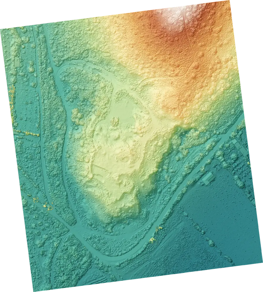 Modello digitale della superficie colorato per quota, con alberi ed edifici in rilievo